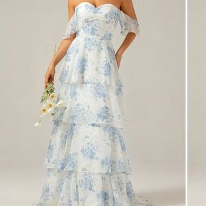 White and Light Blue Floral Off-Shoulder Tiered Gown